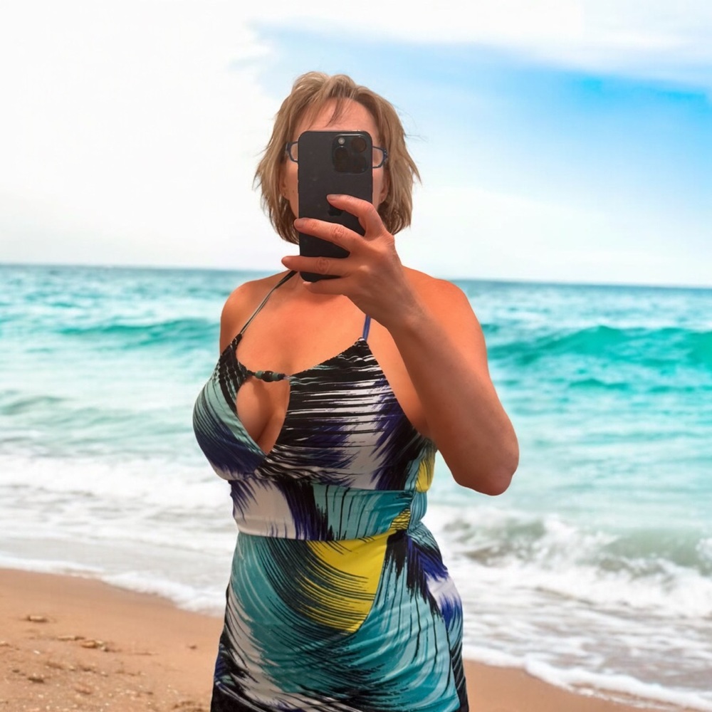 Takara Graphic Halter Tank Top in Blue and Yellow